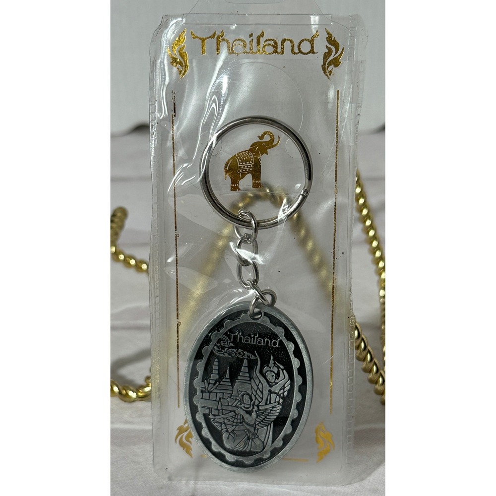Thailand Elephant Temple Scene‎ Oval Metal Keychain Pewter Souvenir